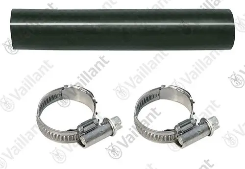Schwarzer Schlauch und zwei Metallschellen von Vaillant, zur Sicherung und Verbindung von Rohren oder Schläuchen in Heizungsanwendungen.